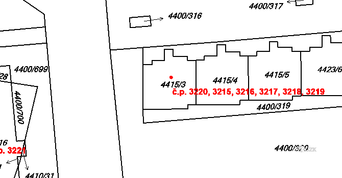 Modřany 3215,3216,3217,3218,, Praha na parcele st. 4415/3 v KÚ Modřany, Katastrální mapa