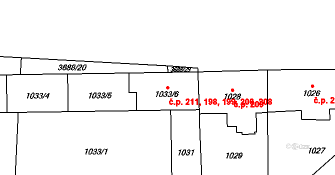 Břevnov 198,199,200,208,211, Praha na parcele st. 1033/6 v KÚ Břevnov, Katastrální mapa