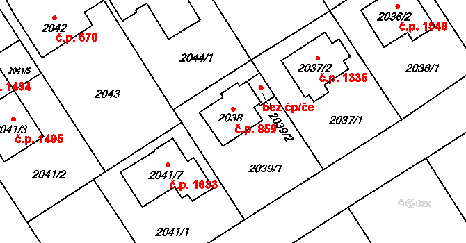 Kyje 859, Praha na parcele st. 2038 v KÚ Kyje, Katastrální mapa