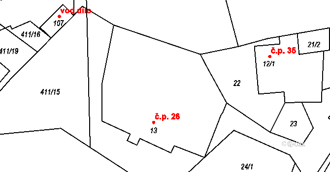 Dřešín 26 na parcele st. 13 v KÚ Dřešín, Katastrální mapa