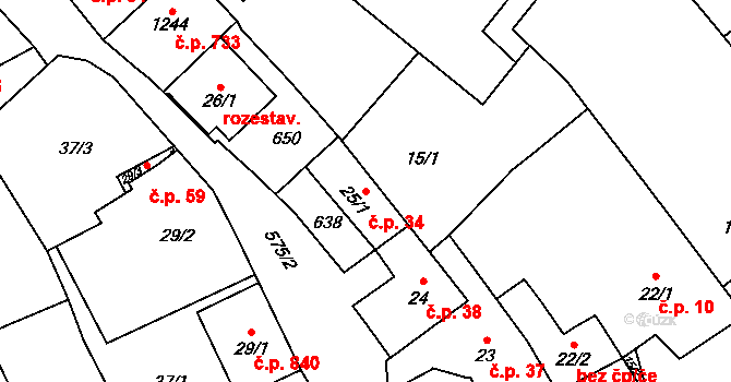 Neředín 34, Olomouc na parcele st. 25/1 v KÚ Neředín, Katastrální mapa
