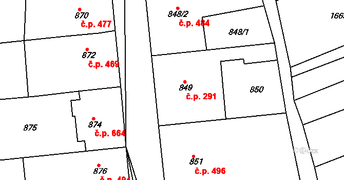 Blučina 291 na parcele st. 849 v KÚ Blučina, Katastrální mapa