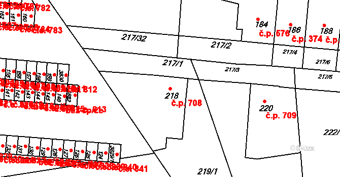 Kuřim 708 na parcele st. 218 v KÚ Kuřim, Katastrální mapa