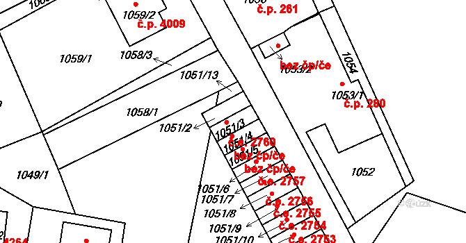 Vrkoslavice 2760, Jablonec nad Nisou na parcele st. 1051/3 v KÚ Vrkoslavice, Katastrální mapa