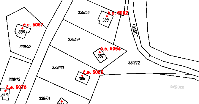 Kozojedy 5064 na parcele st. 387 v KÚ Kozojedy u Kostelce nad Černými Lesy, Katastrální mapa