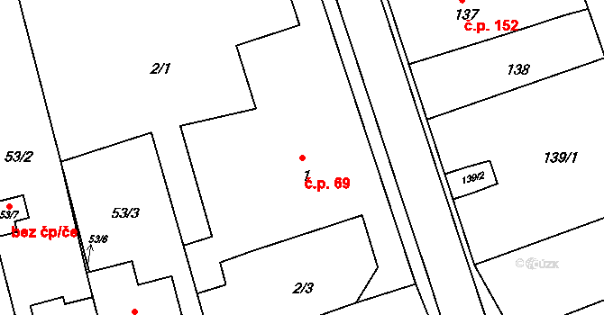 Hrušky 69 na parcele st. 1 v KÚ Hrušky u Brna, Katastrální mapa