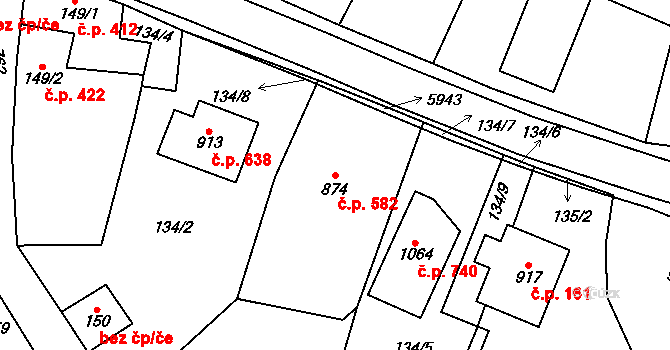 Polešovice 582 na parcele st. 874 v KÚ Polešovice, Katastrální mapa