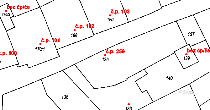 Buchlovice 259 na parcele st. 136 v KÚ Buchlovice, Katastrální mapa