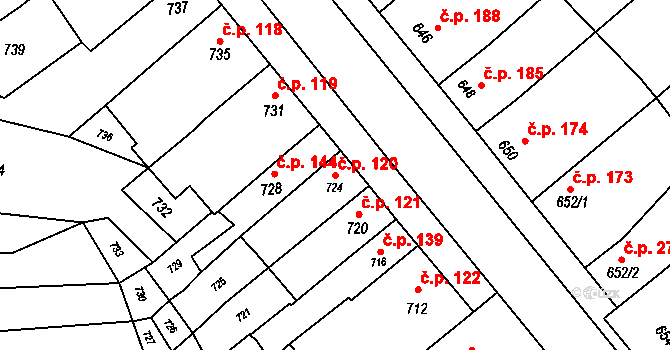 Pustiměřské Prusy 120, Pustiměř na parcele st. 724 v KÚ Pustiměř, Katastrální mapa