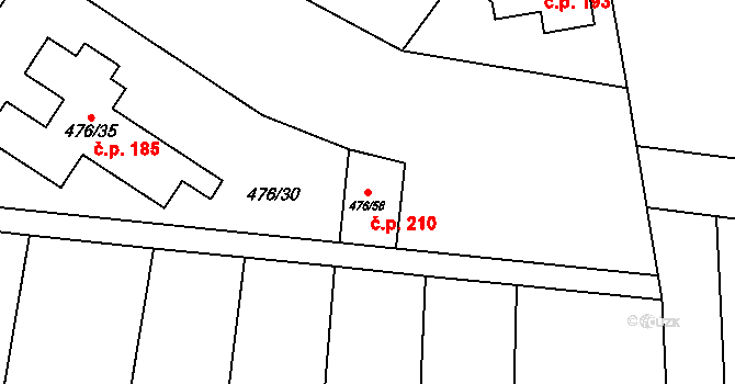 Želatovice 210 na parcele st. 476/58 v KÚ Želatovice, Katastrální mapa
