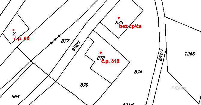 Žulová 312 na parcele st. 878 v KÚ Žulová, Katastrální mapa