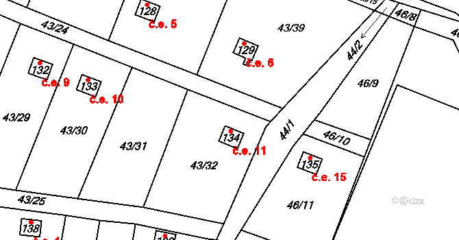 Kozomín 11 na parcele st. 134 v KÚ Kozomín, Katastrální mapa