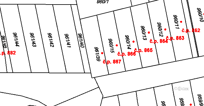 Hronov 867 na parcele st. 961/39 v KÚ Hronov, Katastrální mapa