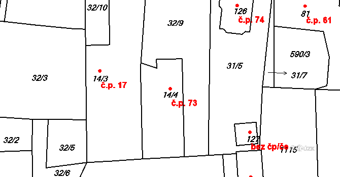 Hrobice 73 na parcele st. 14/4 v KÚ Hrobice, Katastrální mapa
