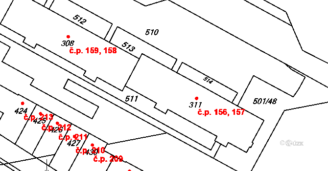 Černá za Bory 156,157, Pardubice na parcele st. 311 v KÚ Černá za Bory, Katastrální mapa