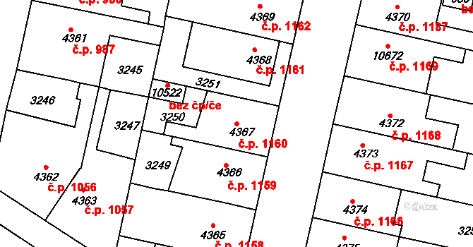 Zelené Předměstí 1160, Pardubice na parcele st. 4367 v KÚ Pardubice, Katastrální mapa