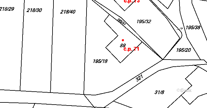 Housko 71, Vysočany na parcele st. 89 v KÚ Housko, Katastrální mapa