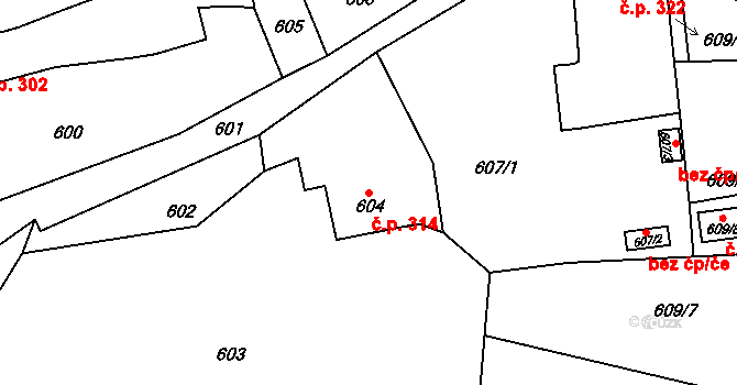 Újezd 314, Trmice na parcele st. 604 v KÚ Koštov, Katastrální mapa