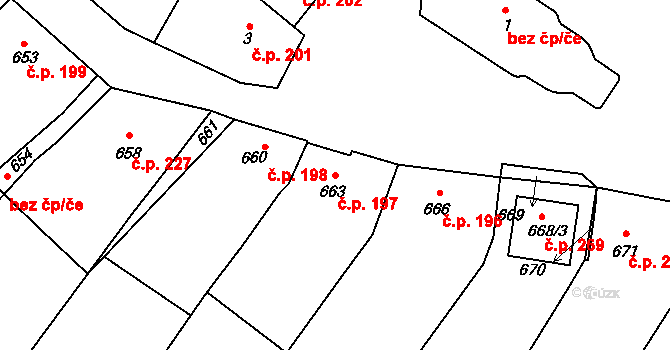 Bulhary 197 na parcele st. 663 v KÚ Bulhary, Katastrální mapa