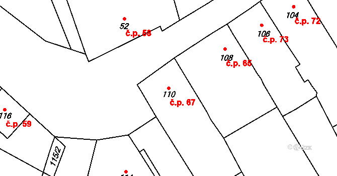 Bílany 67, Kroměříž na parcele st. 110 v KÚ Bílany, Katastrální mapa
