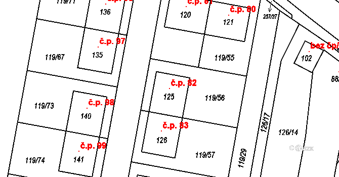 Rataje 82, Těšetice na parcele st. 125 v KÚ Rataje u Olomouce, Katastrální mapa