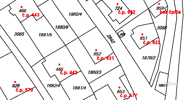 Luby 631 na parcele st. 652 v KÚ Luby I, Katastrální mapa