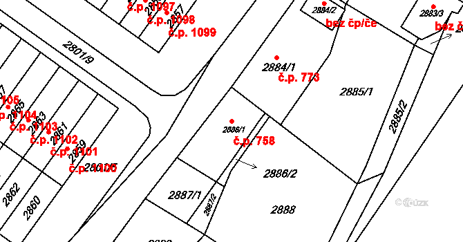 Rýmařov 758 na parcele st. 2886/1 v KÚ Rýmařov, Katastrální mapa