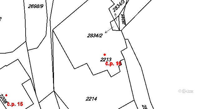 Toužín 16, Dačice na parcele st. 2213 v KÚ Dačice, Katastrální mapa