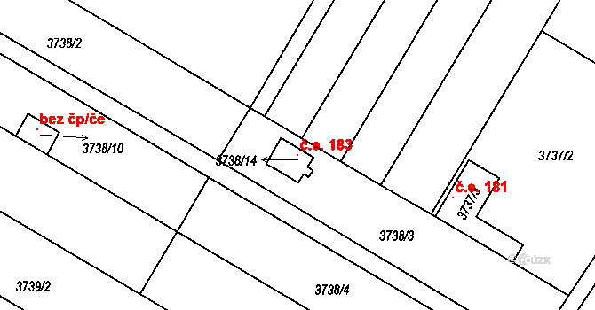 Roudnice nad Labem 183 na parcele st. 3738/14 v KÚ Roudnice nad Labem, Katastrální mapa