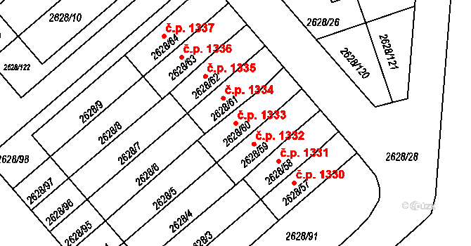 Mnichovo Hradiště 1333 na parcele st. 2628/60 v KÚ Mnichovo Hradiště, Katastrální mapa