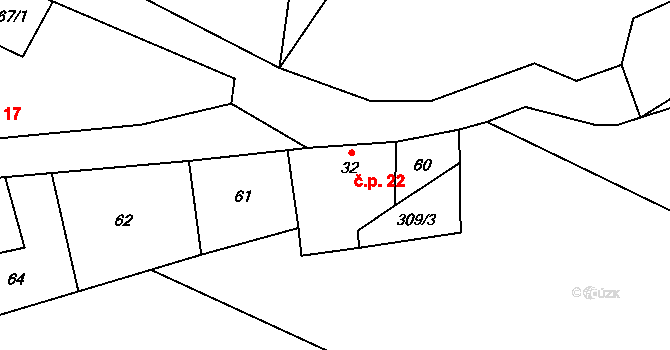 Třebutičky 22, Polepy na parcele st. 32 v KÚ Třebutičky, Katastrální mapa