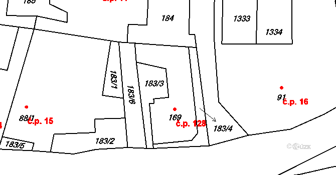 Liběšice 128 na parcele st. 169 v KÚ Liběšice u Litoměřic, Katastrální mapa