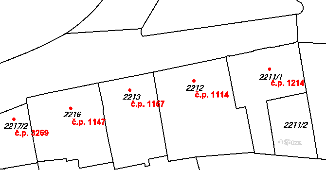 Teplice 1114 na parcele st. 2212 v KÚ Teplice, Katastrální mapa