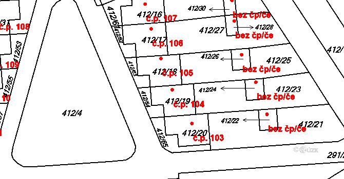 Račetice 104 na parcele st. 412/19 v KÚ Račetice, Katastrální mapa