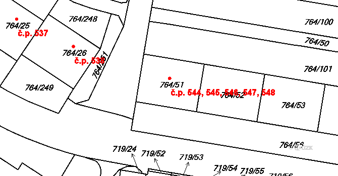 Jinonice 544,545,546,547,548, Praha na parcele st. 764/51 v KÚ Jinonice, Katastrální mapa