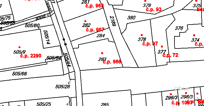 Střešovice 966, Praha na parcele st. 283 v KÚ Střešovice, Katastrální mapa
