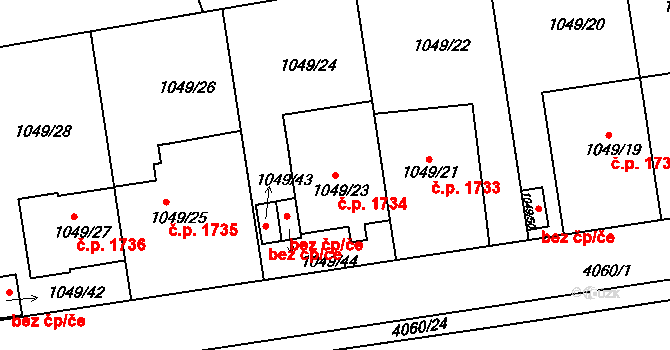 Dejvice 1734, Praha na parcele st. 1049/23 v KÚ Dejvice, Katastrální mapa
