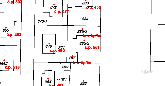 Dolní Chabry 551, Praha na parcele st. 885/2 v KÚ Dolní Chabry, Katastrální mapa