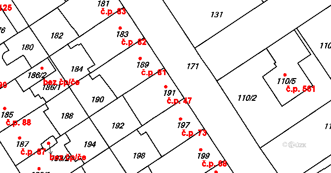 Malešice 47, Praha na parcele st. 191 v KÚ Malešice, Katastrální mapa