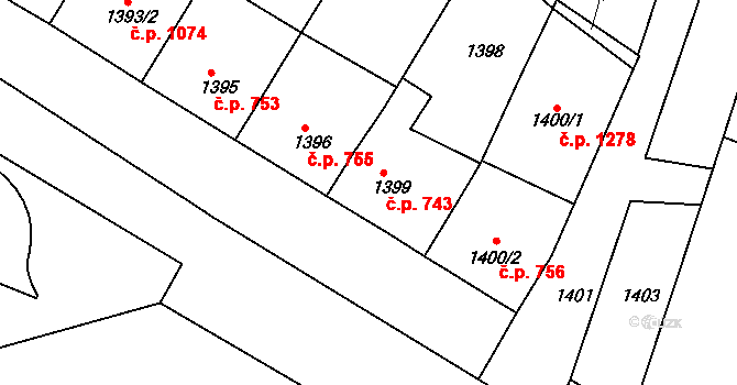 Mutěnice 743 na parcele st. 1399 v KÚ Mutěnice, Katastrální mapa