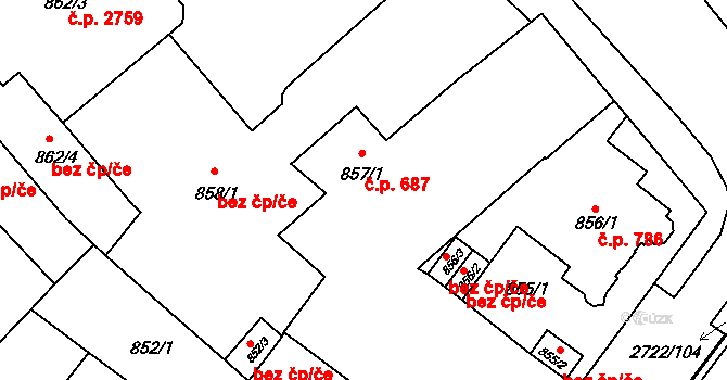 Předměstí 687, Opava na parcele st. 857/1 v KÚ Opava-Předměstí, Katastrální mapa