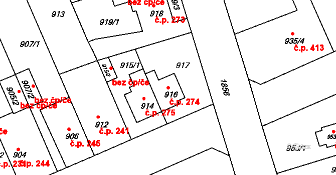 Koterov 274, Plzeň na parcele st. 916 v KÚ Bručná, Katastrální mapa