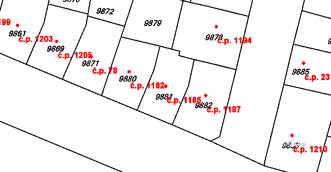 Jižní Předměstí 1185, Plzeň na parcele st. 9881 v KÚ Plzeň, Katastrální mapa