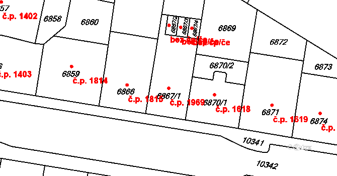 Jižní Předměstí 1969, Plzeň na parcele st. 6867/1 v KÚ Plzeň, Katastrální mapa