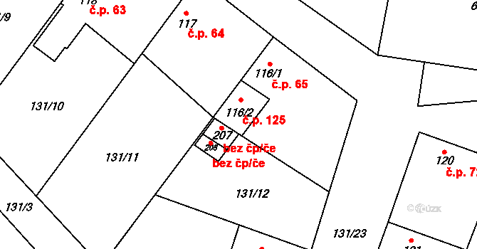 Budiměřice 125 na parcele st. 116/2 v KÚ Budiměřice, Katastrální mapa