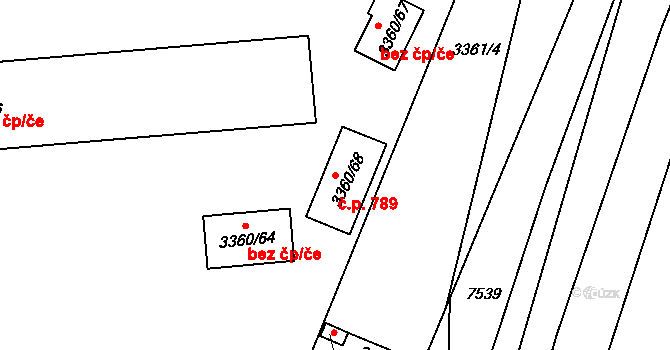 Střelice 789 na parcele st. 3360/68 v KÚ Střelice u Brna, Katastrální mapa