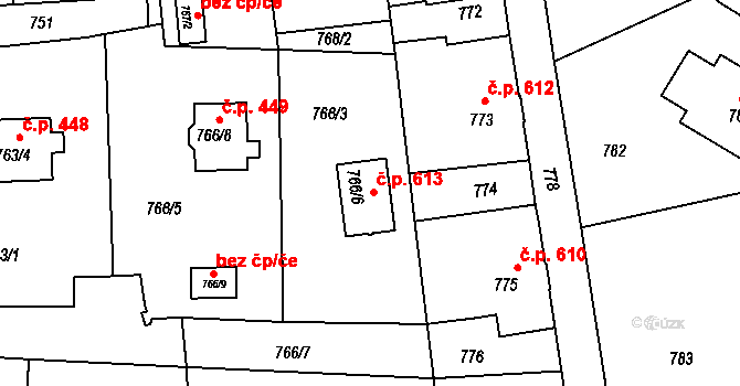 Šluknov 613 na parcele st. 766/6 v KÚ Šluknov, Katastrální mapa