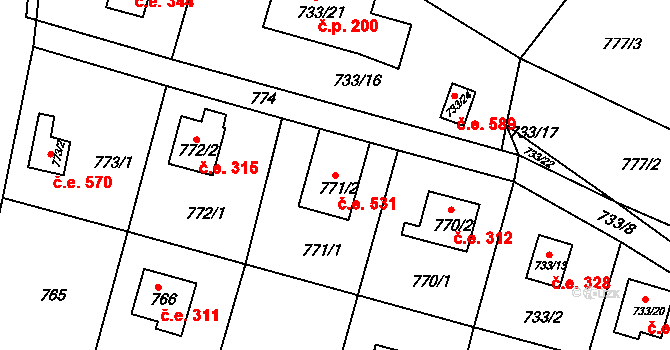 Horákov 531, Mokrá-Horákov na parcele st. 771/2 v KÚ Horákov, Katastrální mapa