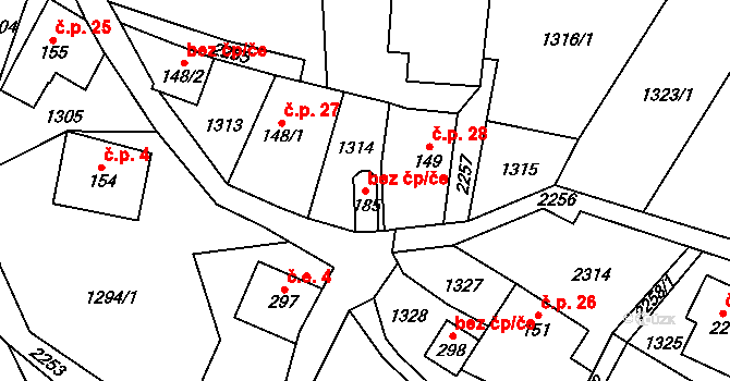 Radčice 44209690 na parcele st. 185 v KÚ Radčice, Katastrální mapa