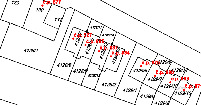 Tuřany 887, Brno na parcele st. 4128/13 v KÚ Tuřany, Katastrální mapa